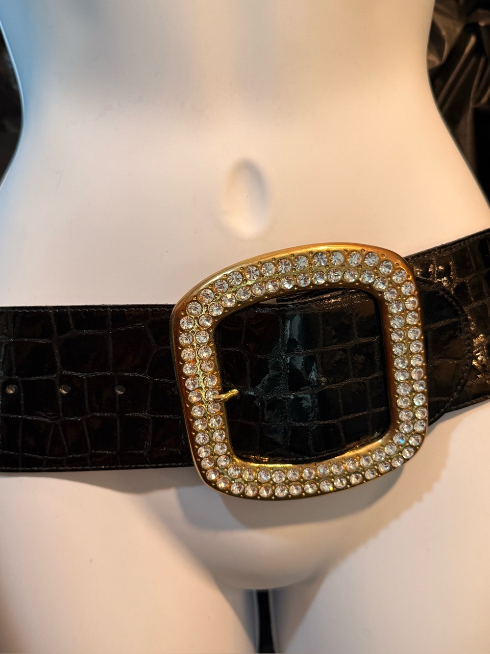 Ardene B. Black Croc-Embossed Belt with Large Gold Crystal Square Buckle